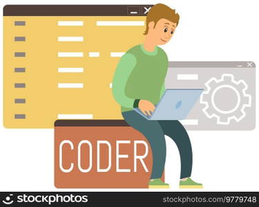 Programmer engineering and coding. Coder programmers working on web development on computer. Concept of script coding and programming in php, javascript, python, other languages. Software developers. Programmer engineering and coding. Set of programmers working on web development on computers