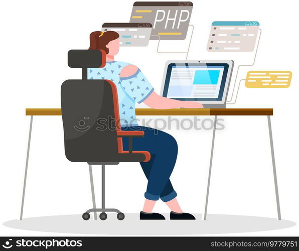 Programmer engineering and coding. Coder programmers working on web development on computer. Concept of script coding and programming in php, javascript, python, other languages. Software developers. Programmer engineering and coding. Set of programmers working on web development on computers