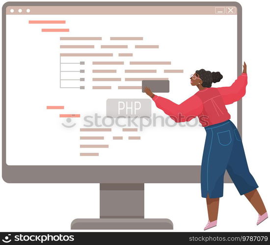 Programmer engineering and coding. Coder programmers working on web development on computer. Concept of script coding and programming in php, javascript, python, other languages. Software developers. Programmer engineering and coding. Set of programmers working on web development on computers
