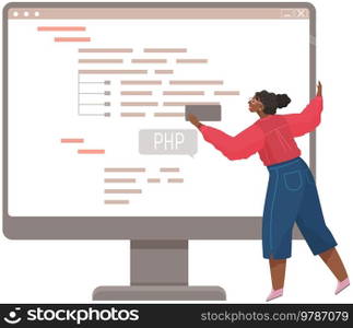 Programmer engineering and coding. Coder programmers working on web development on computer. Concept of script coding and programming in php, javascript, python, other languages. Software developers. Programmer engineering and coding. Set of programmers working on web development on computers