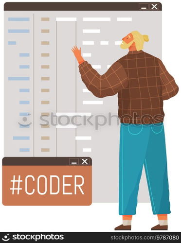 Programmer engineering and coding. Coder programmers working on web development on computer. Concept of script coding and programming in php, javascript, python, other languages. Software developers. Programmer engineering and coding. Set of programmers working on web development on computers