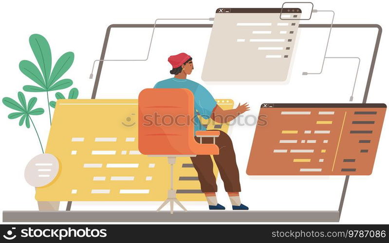 Programmer engineering and coding. Coder programmers working on web development on computer. Concept of script coding and programming in php, javascript, python, other languages. Software developers. Programmer engineering and coding. Set of programmers working on web development on computers