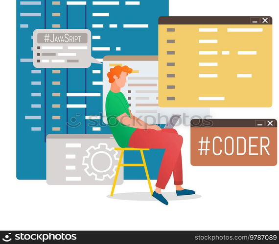 Programmer engineering and coding. Coder programmers working on web development on computer. Concept of script coding and programming in php, javascript, python, other languages. Software developers. Programmer engineering and coding. Set of programmers working on web development on computers