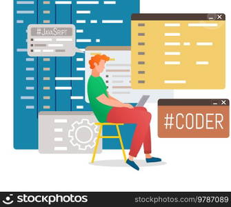 Programmer engineering and coding. Coder programmers working on web development on computer. Concept of script coding and programming in php, javascript, python, other languages. Software developers. Programmer engineering and coding. Set of programmers working on web development on computers