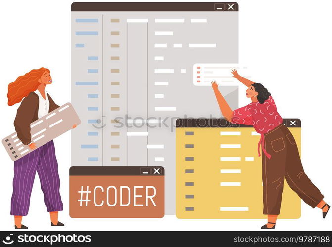 Programmer engineering and coding. Coder programmers working on web development on computer. Concept of script coding and programming in php, javascript, python, other languages. Software developers. Programmer engineering and coding. Set of programmers working on web development on computers