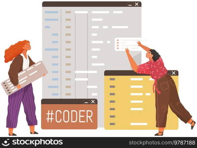 Programmer engineering and coding. Coder programmers working on web development on computer. Concept of script coding and programming in php, javascript, python, other languages. Software developers. Programmer engineering and coding. Set of programmers working on web development on computers
