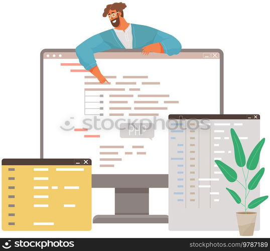 Programmer engineering and coding. Coder programmers working on web development on computer. Concept of script coding and programming in php, javascript, python, other languages. Software developers. Programmer engineering and coding. Set of programmers working on web development on computers