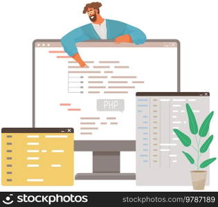 Programmer engineering and coding. Coder programmers working on web development on computer. Concept of script coding and programming in php, javascript, python, other languages. Software developers. Programmer engineering and coding. Set of programmers working on web development on computers
