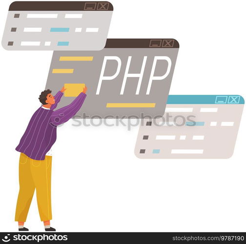 Programmer engineering and coding. Coder programmers working on web development on computer. Concept of script coding and programming in php, javascript, python, other languages. Software developers. Programmer engineering and coding. Set of programmers working on web development on computers