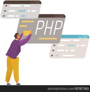 Programmer engineering and coding. Coder programmers working on web development on computer. Concept of script coding and programming in php, javascript, python, other languages. Software developers. Programmer engineering and coding. Set of programmers working on web development on computers