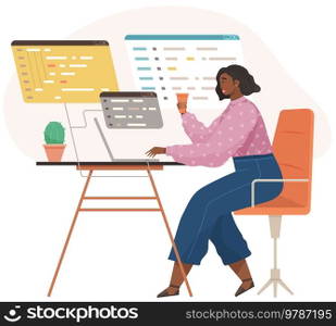 Programmer engineering and coding. Coder programmers working on web development on computer. Concept of script coding and programming in php, javascript, python, other languages. Software developers. Programmer engineering and coding. Set of programmers working on web development on computers