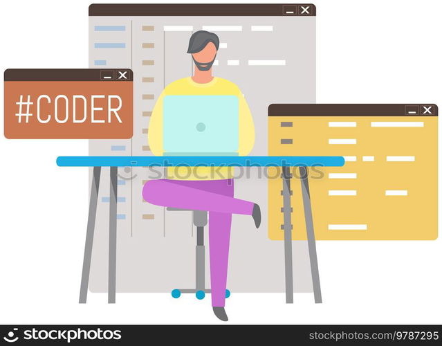 Programmer engineering and coding. Coder programmers working on web development on computer. Concept of script coding and programming in php, javascript, python, other languages. Software developers. Programmer engineering and coding. Set of programmers working on web development on computers