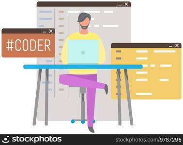 Programmer engineering and coding. Coder programmers working on web development on computer. Concept of script coding and programming in php, javascript, python, other languages. Software developers. Programmer engineering and coding. Set of programmers working on web development on computers