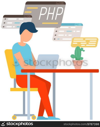 Programmer engineering and coding. Coder programmers working on web development on computer. Concept of script coding and programming in php, javascript, python, other languages. Software developers. Programmer engineering and coding. Set of programmers working on web development on computers