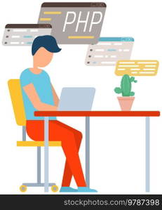 Programmer engineering and coding. Coder programmers working on web development on computer. Concept of script coding and programming in php, javascript, python, other languages. Software developers. Programmer engineering and coding. Set of programmers working on web development on computers