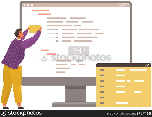 Programmer engineering and coding. Coder programmers working on web development on computer. Concept of script coding and programming in php, javascript, python, other languages. Software developers. Programmer engineering and coding. Set of programmers working on web development on computers