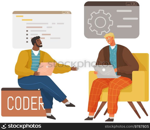 Programmer engineering and coding. Coder programmers working on web development on computer. Concept of script coding and programming in php, javascript, python, other languages. Software developers. Programmer engineering and coding. Set of programmers working on web development on computers