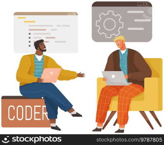 Programmer engineering and coding. Coder programmers working on web development on computer. Concept of script coding and programming in php, javascript, python, other languages. Software developers. Programmer engineering and coding. Set of programmers working on web development on computers