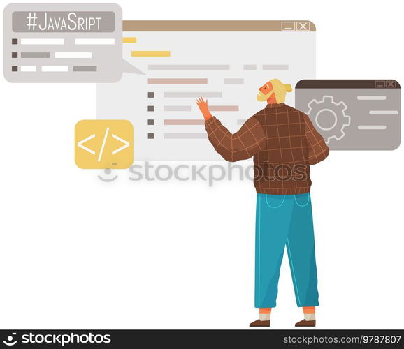 Programmer engineering and coding. Coder programmers working on web development on computer. Concept of script coding and programming in php, javascript, python, other languages. Software developers. Programmer engineering and coding. Set of programmers working on web development on computers