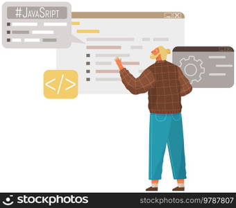 Programmer engineering and coding. Coder programmers working on web development on computer. Concept of script coding and programming in php, javascript, python, other languages. Software developers. Programmer engineering and coding. Set of programmers working on web development on computers