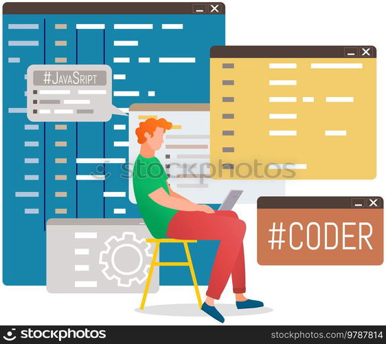 Programmer engineering and coding. Coder programmers working on web development on computer. Concept of script coding and programming in php, javascript, python, other languages. Software developers. Programmer engineering and coding. Set of programmers working on web development on computers