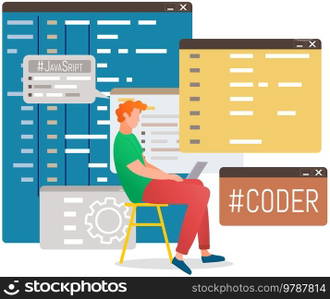 Programmer engineering and coding. Coder programmers working on web development on computer. Concept of script coding and programming in php, javascript, python, other languages. Software developers. Programmer engineering and coding. Set of programmers working on web development on computers