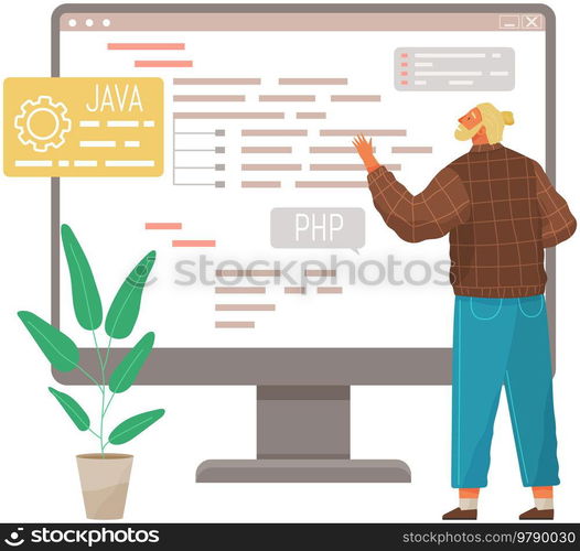 Programmer engineering and coding. Coder programmers working on web development on computer. Concept of script coding and programming in php, javascript, python, other languages. Software developers. Programmer engineering and coding. Set of programmers working on web development on computers