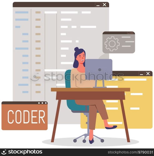 Programmer engineering and coding. Coder programmers working on web development on computer. Concept of script coding and programming in php, javascript, python, other languages. Software developers. Programmer engineering and coding. Set of programmers working on web development on computers