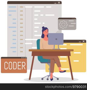 Programmer engineering and coding. Coder programmers working on web development on computer. Concept of script coding and programming in php, javascript, python, other languages. Software developers. Programmer engineering and coding. Set of programmers working on web development on computers