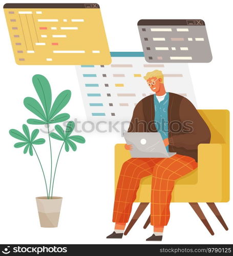Programmer engineering and coding. Coder programmers working on web development on computer. Concept of script coding and programming in php, javascript, python, other languages. Software developers. Programmer engineering and coding. Set of programmers working on web development on computers