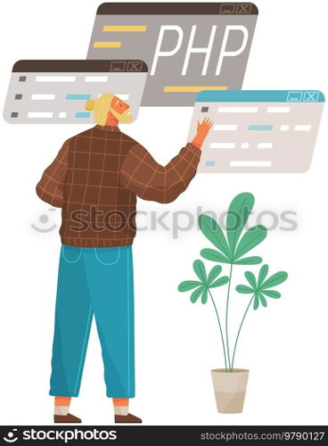 Programmer engineering and coding. Coder programmers working on web development on computer. Concept of script coding and programming in php, javascript, python, other languages. Software developers. Programmer engineering and coding. Set of programmers working on web development on computers