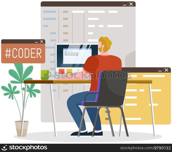 Programmer engineering and coding. Coder programmers working on web development on computer. Concept of script coding and programming in php, javascript, python, other languages. Software developers. Programmer engineering and coding. Set of programmers working on web development on computers