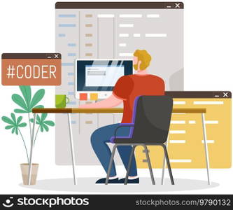 Programmer engineering and coding. Coder programmers working on web development on computer. Concept of script coding and programming in php, javascript, python, other languages. Software developers. Programmer engineering and coding. Set of programmers working on web development on computers