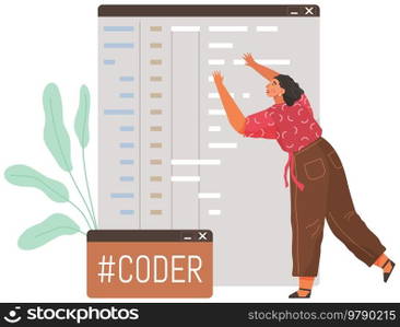 Programmer engineering and coding. Coder programmers working on web development on computer. Concept of script coding and programming in php, javascript, python, other languages. Software developers. Programmer engineering and coding. Set of programmers working on web development on computers