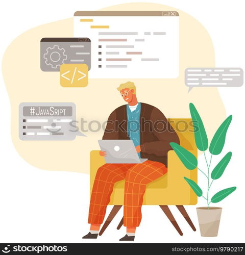 Programmer engineering and coding. Coder programmers working on web development on computer. Concept of script coding and programming in php, javascript, python, other languages. Software developers. Programmer engineering and coding. Set of programmers working on web development on computers