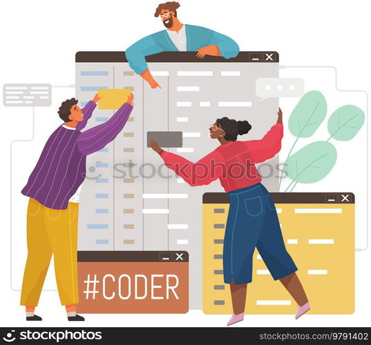 Programmer engineering and coding. Coder programmers working on web development on computer. Concept of script coding and programming in php, javascript, python, other languages. Software developers. Programmer engineering and coding. Set of programmers working on web development on computers