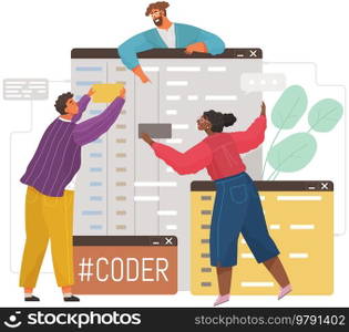 Programmer engineering and coding. Coder programmers working on web development on computer. Concept of script coding and programming in php, javascript, python, other languages. Software developers. Programmer engineering and coding. Set of programmers working on web development on computers