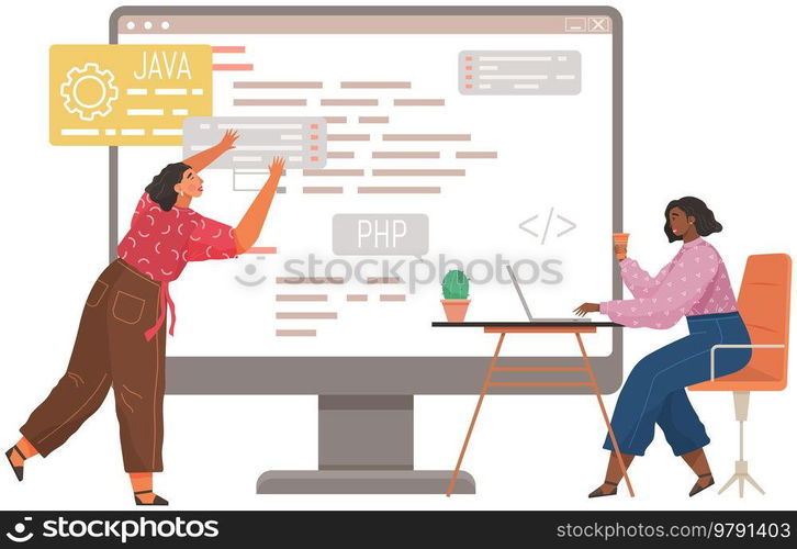 Programmer engineering and coding. Coder programmers working on web development on computer. Concept of script coding and programming in php, javascript, python, other languages. Software developers. Programmer engineering and coding. Set of programmers working on web development on computers