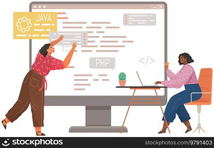 Programmer engineering and coding. Coder programmers working on web development on computer. Concept of script coding and programming in php, javascript, python, other languages. Software developers. Programmer engineering and coding. Set of programmers working on web development on computers