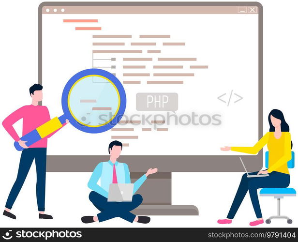 Programmer engineering and coding. Coder programmers working on web development on computer. Concept of script coding and programming in php, javascript, python, other languages. Software developers. Programmer engineering and coding. Set of programmers working on web development on computers