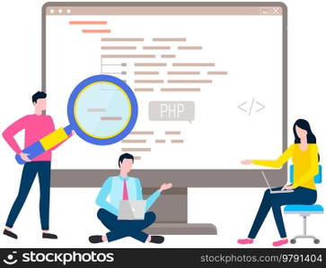 Programmer engineering and coding. Coder programmers working on web development on computer. Concept of script coding and programming in php, javascript, python, other languages. Software developers. Programmer engineering and coding. Set of programmers working on web development on computers