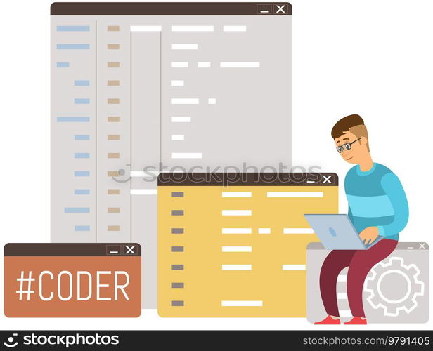 Programmer engineering and coding. Coder programmers working on web development on computer. Concept of script coding and programming in php, javascript, python, other languages. Software developers. Programmer engineering and coding. Set of programmers working on web development on computers