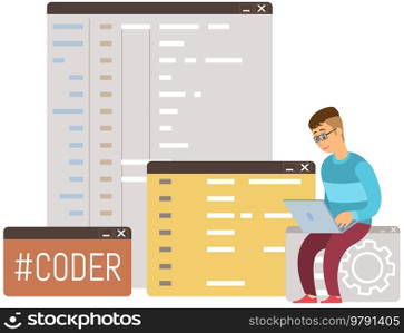Programmer engineering and coding. Coder programmers working on web development on computer. Concept of script coding and programming in php, javascript, python, other languages. Software developers. Programmer engineering and coding. Set of programmers working on web development on computers