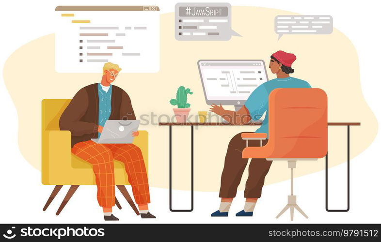 Programmer engineering and coding. Coder programmers working on web development on computer. Concept of script coding and programming in php, javascript, python, other languages. Software developers. Programmer engineering and coding. Set of programmers working on web development on computers