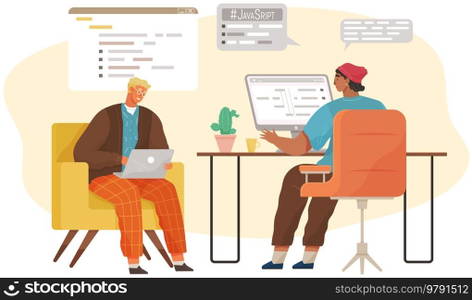 Programmer engineering and coding. Coder programmers working on web development on computer. Concept of script coding and programming in php, javascript, python, other languages. Software developers. Programmer engineering and coding. Set of programmers working on web development on computers