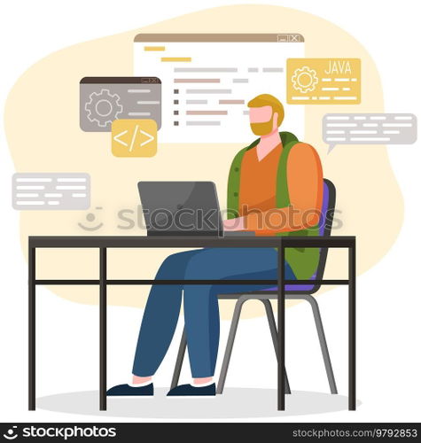Programmer engineering and coding. Coder programmers working on web development on computer. Concept of script coding and programming in php, javascript, python, other languages. Software developers. Programmer engineering and coding. Set of programmers working on web development on computers