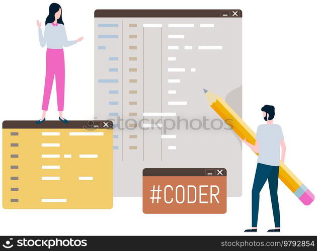 Programmer engineering and coding. Coder programmers working on web development on computer. Concept of script coding and programming in php, javascript, python, other languages. Software developers. Programmer engineering and coding. Set of programmers working on web development on computers