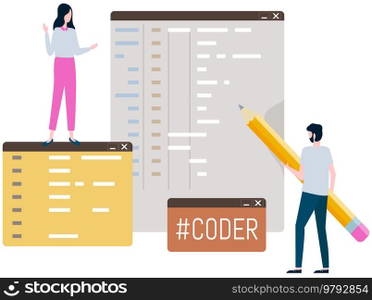 Programmer engineering and coding. Coder programmers working on web development on computer. Concept of script coding and programming in php, javascript, python, other languages. Software developers. Programmer engineering and coding. Set of programmers working on web development on computers