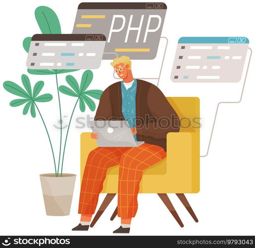 Programmer engineering and coding. Coder programmers working on web development on computer. Concept of script coding and programming in php, javascript, python, other languages. Software developers. Programmer engineering and coding. Set of programmers working on web development on computers