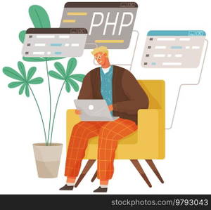 Programmer engineering and coding. Coder programmers working on web development on computer. Concept of script coding and programming in php, javascript, python, other languages. Software developers. Programmer engineering and coding. Set of programmers working on web development on computers